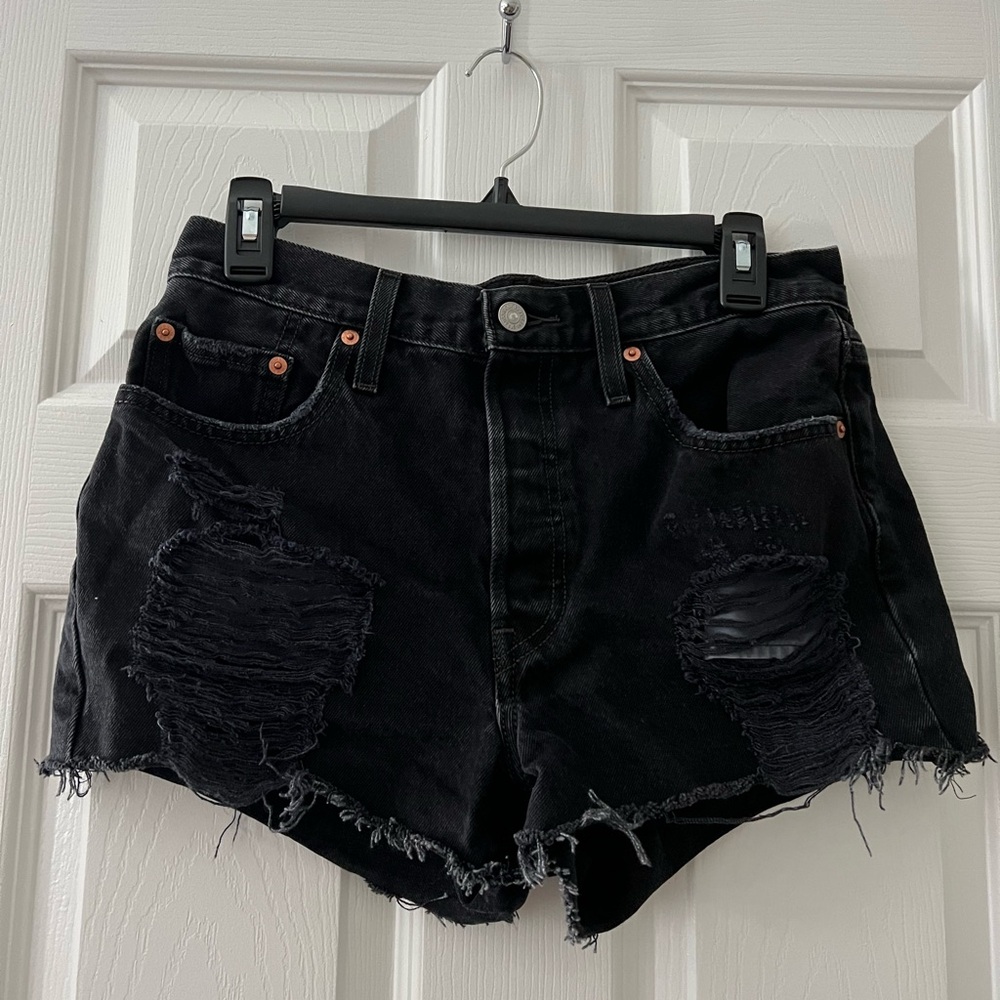 Levi 501 Black Ripped Jean Shorts